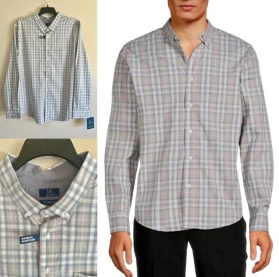 GEORGE Casual Dress Shirt Gray Plaid Lightweight Cotton Stretch Classic Fit 2XL
