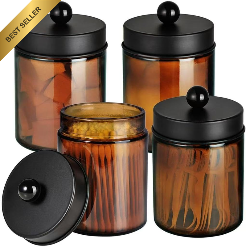 Amolliar Amber Glass Qtip Holder, Apothecary Jars with Matte Black Metal Lid & S