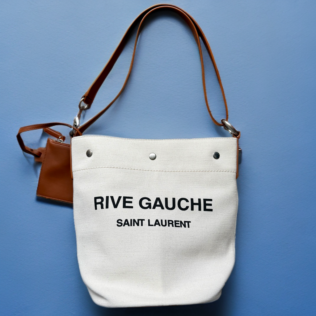 【関税＆送料込み】Saint Laurent Rive Gauche Bucket Bag Saint Laurent Rive Gauche Black Leather Trim Linen Bucket