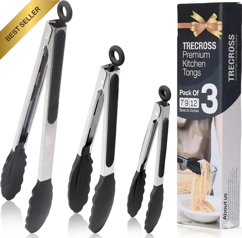 Pack of 3 Stainless Steel Kitchen Tongs with Silicone Tips – Non-Stick Cooking,