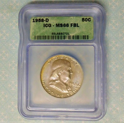 1958 D ICG MS 66 FBL Franklin Silver Half Dollar, Full Bell Lines, Color Tone