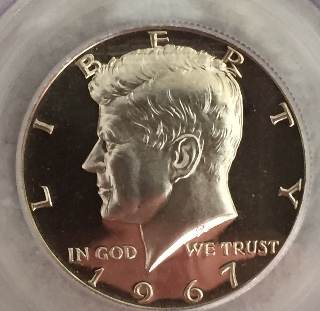 Mint Error 1967 Kennedy Half Dollar PCGS SP66CAM: Obverse StrikeThru On Face