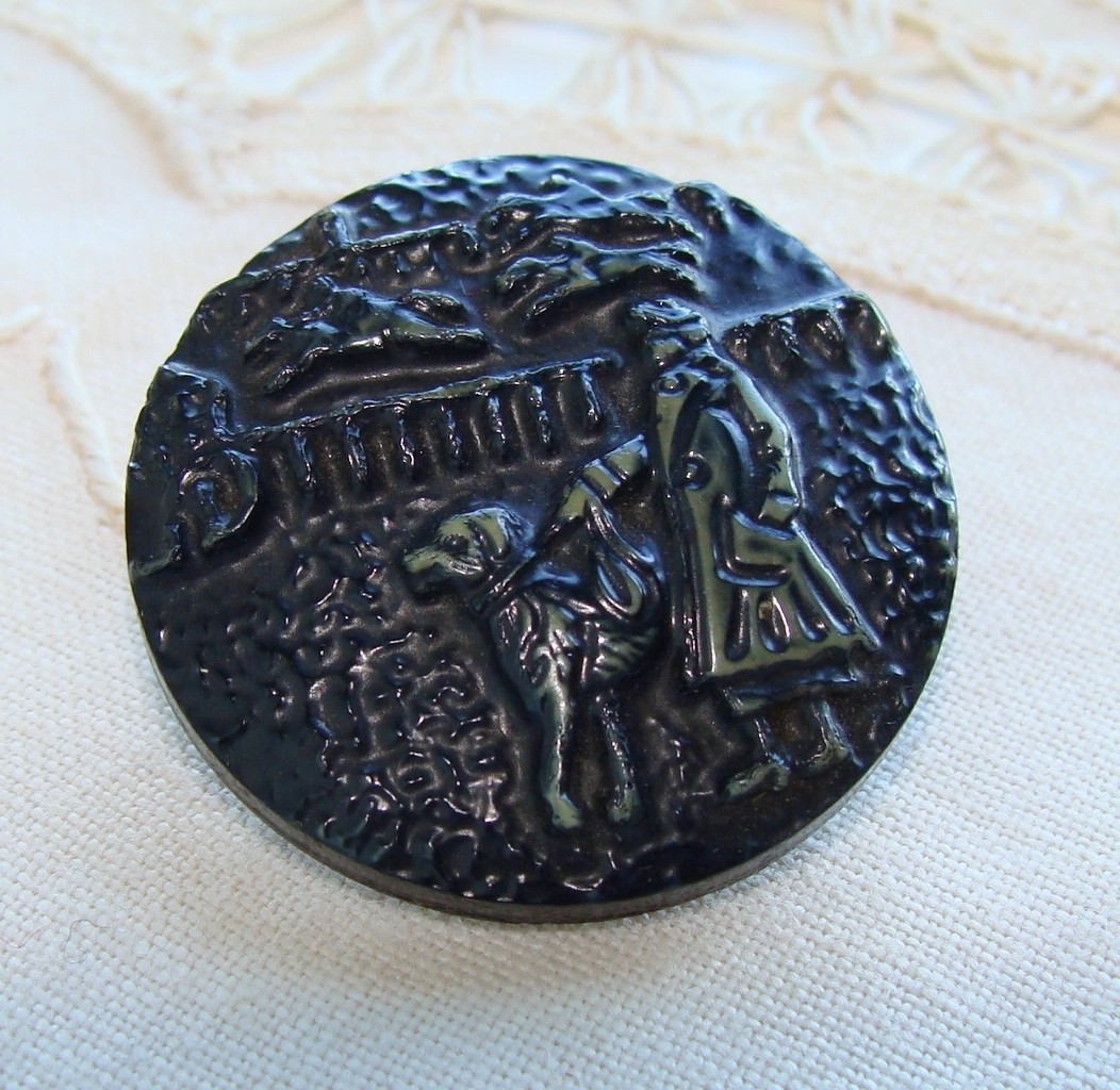 Vintage Celluloid Picture Button Dog at Horse Races 1 1/16