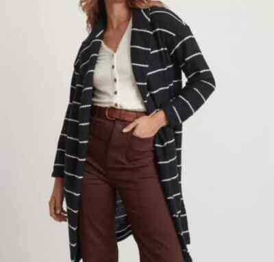 Marine Layer Birdseye Real Black White Stripe Coat S Open Front Cardigan Sweater