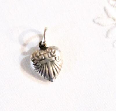 Christian Cross Tiny Size Puffy Heart Charm 1/2''x1/2'' Sterling Silver Vtg