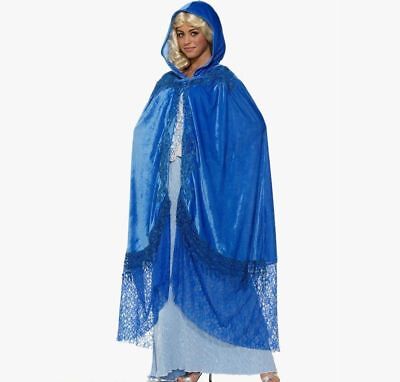 Medieval Fantasy Elegant Cape Sapphire Blue Lace Hood Adult  Victorian Costume