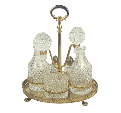 Vintage 5 Piece Cut Crystal Cruet Set w/ Gilt Brass Paw Footed Stand