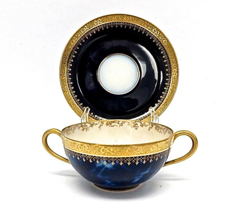 Spectacularly Pretty Limoges Guerin Cobalt Blue Bouillon Cup & Saucer Heavy Gold