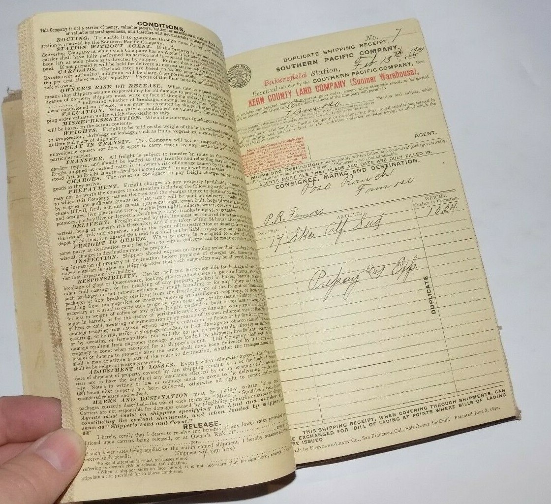 Vtg 1890's SOUTHERN PACIFIC COMPANY receipt Book - Kern County Land, California 