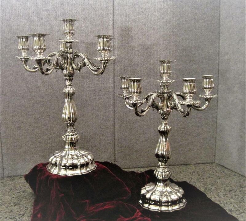 Pair Six Light Solid Italian 800 Sterling Candelabra Mid century Milan candle