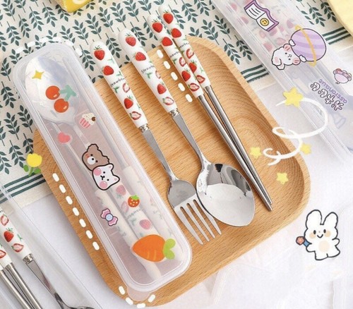 3 Pcs silverware set, Cute stainless steel cutlery set, Travel set tableware