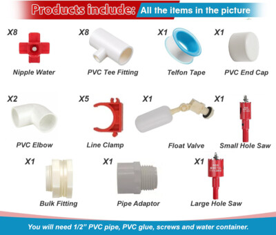 Complete 1/2'' PVC Automatic Poultry Waterer System Chicken Waters Cups Nipples