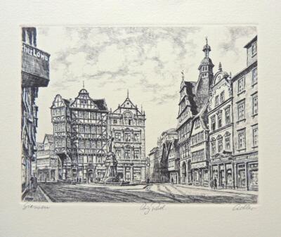 1960s SIGNED ETCHING Richard ADLER Giessen Marketplace