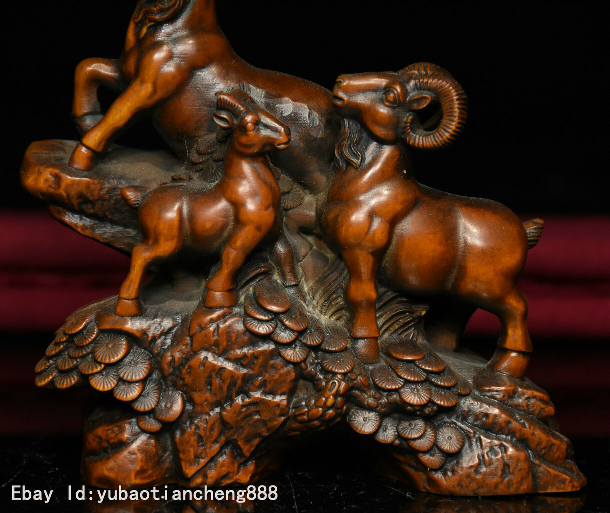 Chinese FengShui Boxwood wood Carving Three Zodiac Year Sheep Goat