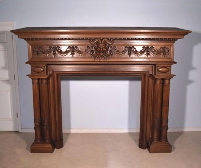 Antique French Fireplace Surround/Mantle in Walnut with Baccus or Devil