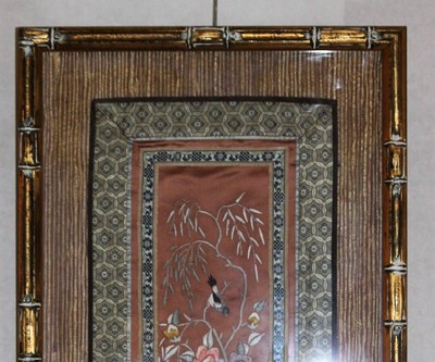 Oriental Japanese Silk Tapestry Birds & Flowers Antique Framed Embroidered