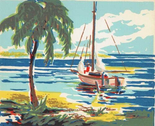 #1 Vintage Hawaii / Tropical Small Silk Screen Art Print -Hand Made Sailboat 