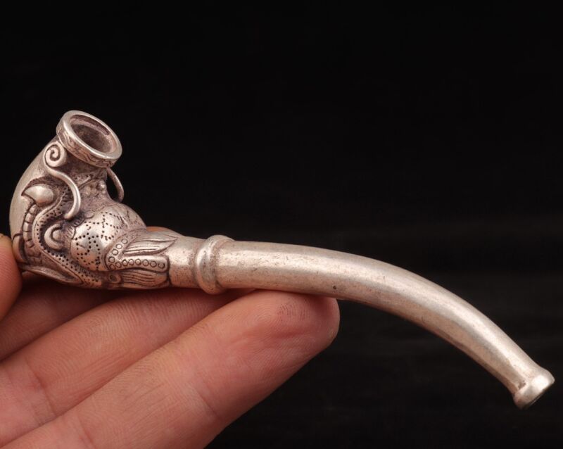Chinese Tibet Silver hand-carved Dragon Head Smoking Tool Statue