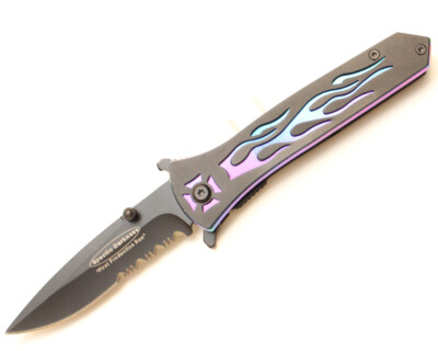 Tiger Black Spring Assisted Knife w/ Iridescent Chopper Flame & Stainless Blade