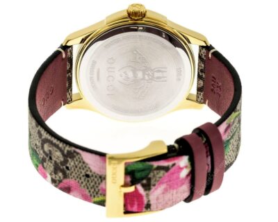 Pre-owned Gucci G-timeless Blooms Print Gg Supreme Ss Gold Pvd Watch Ya1264038a
