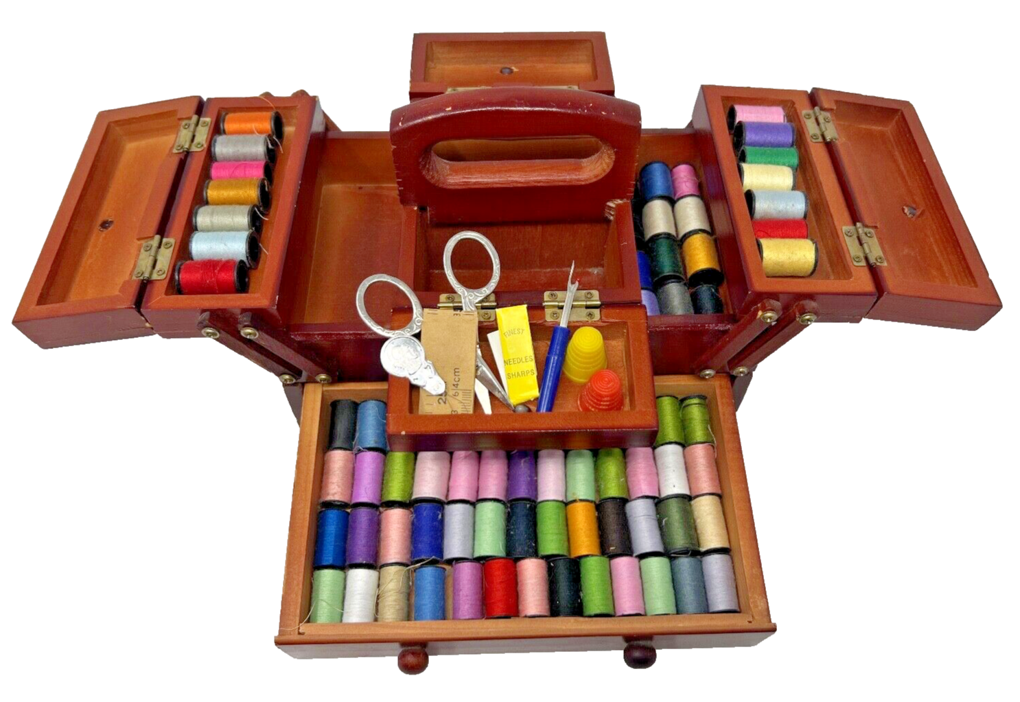 Vintage Wooden Fold Out Singer Sewing Box with Thread