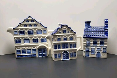 3 Piece Vintage Delft Blue Ceramic Townhouse Tea Coffee Pot, Creamer, Sugar Dish