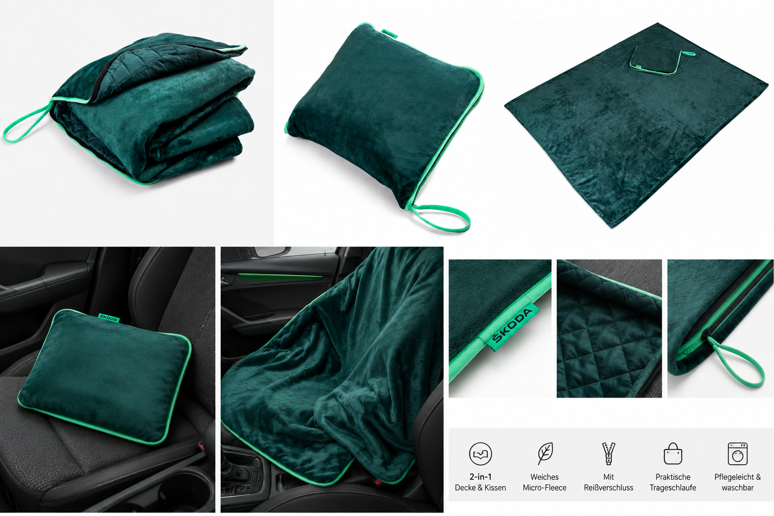 Original Skoda 2in1 Reisedecke Kissen Fleecedecke Decke Kopfkissen Emerald Grün - Picture 1 of 1