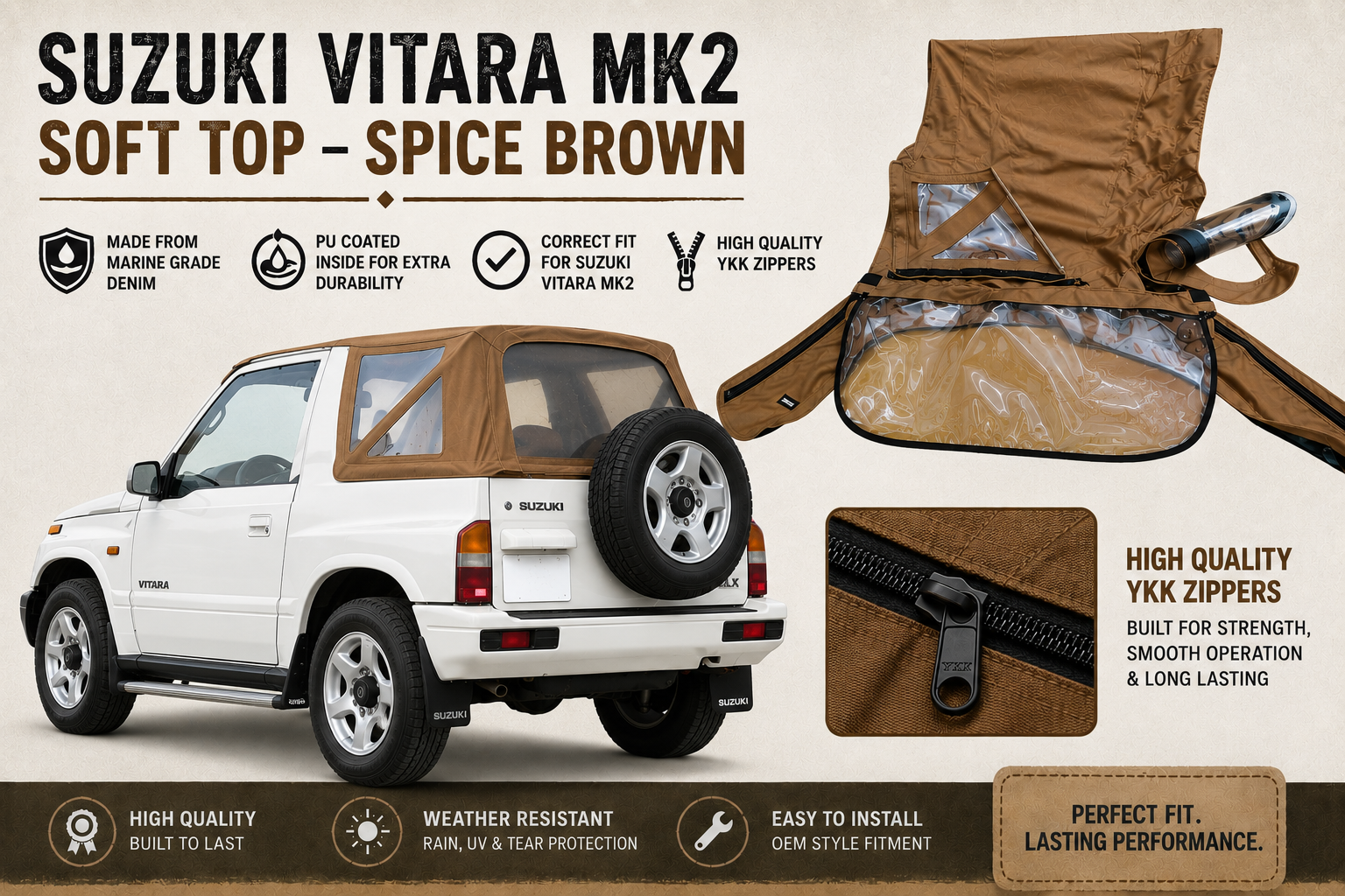Soft Top for Suzuki Vitara MK 2 -Spice Brown Denim