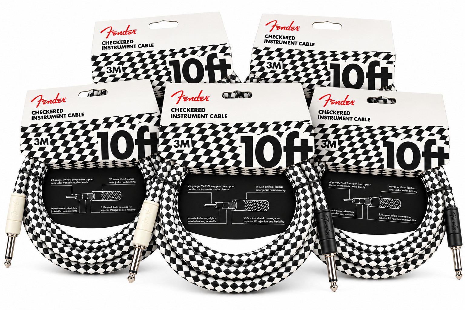 5-PACK Fender Professional Series 10FT Straight 1/4" Instrument Cable Checkboard