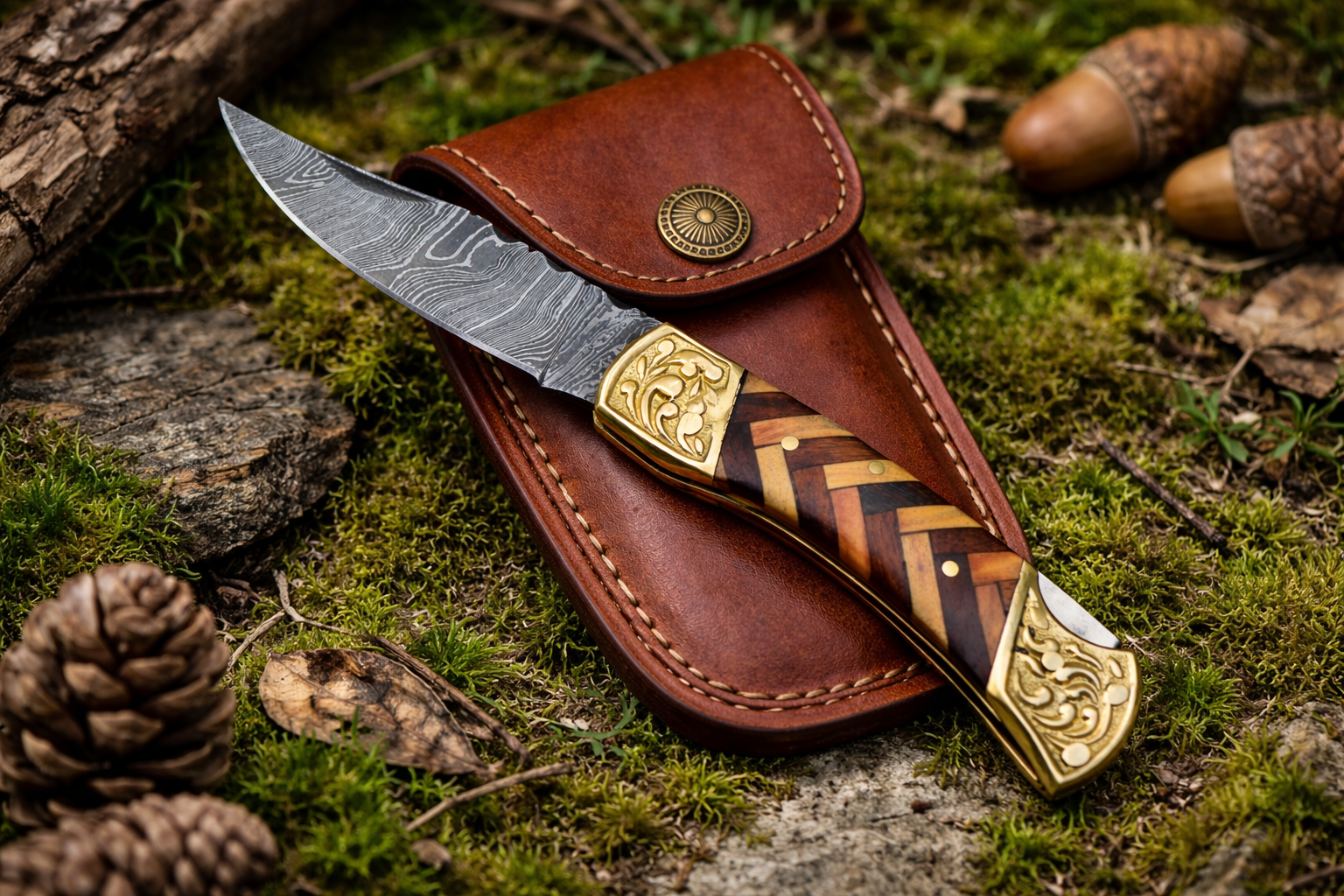 Handmade Wood Damascus Pattern Steel Pocket Knife Folding EDC Hunting Camping
