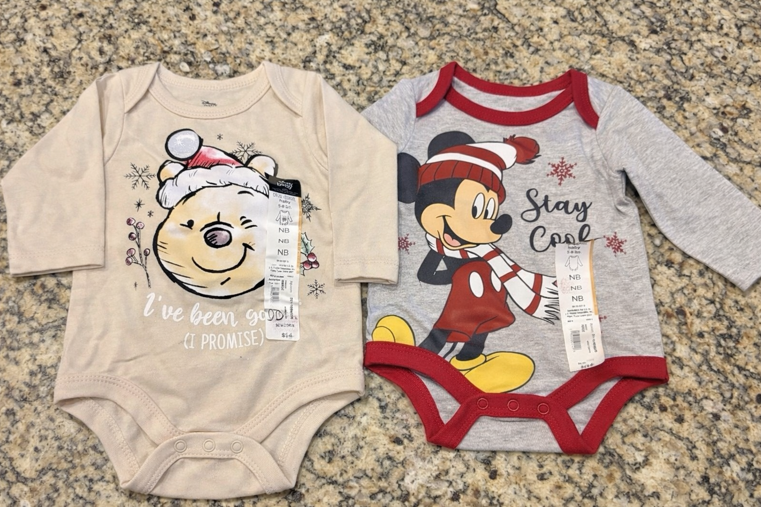 Infant -  Lot of 2 Christmas Long Sleeve Bodysuit Size NB Newborn Mickey Pooh