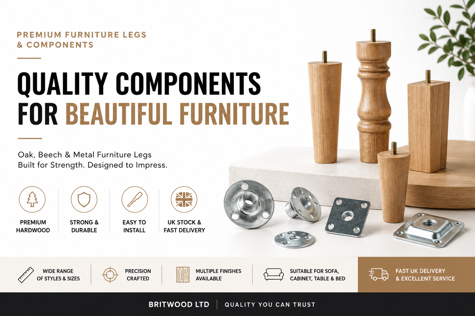 Set of four wooden furniture legs shown in all five finishes