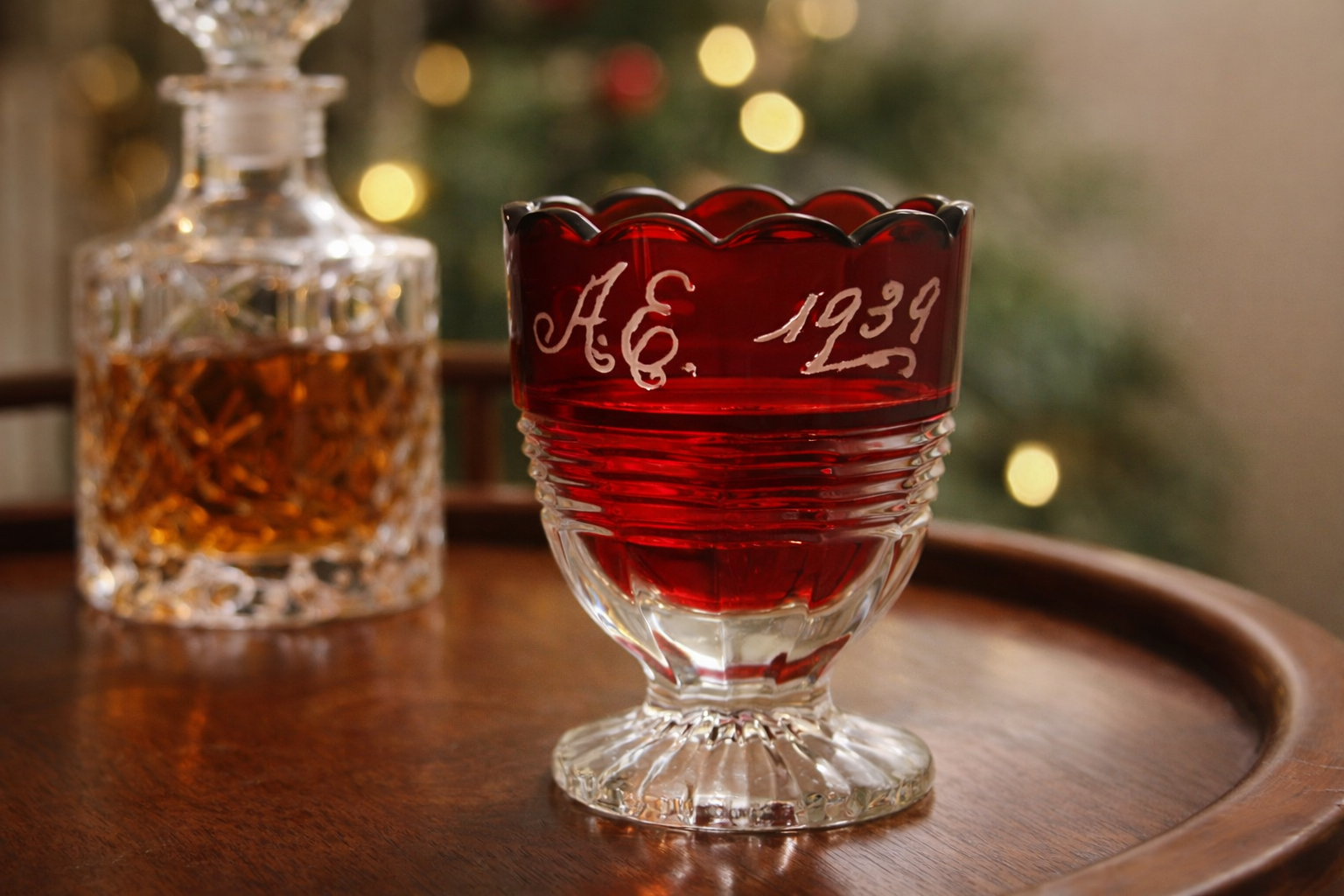Vintage Ruby Flash Cordial Glass AE 1939 Engraved Scalloped Rim