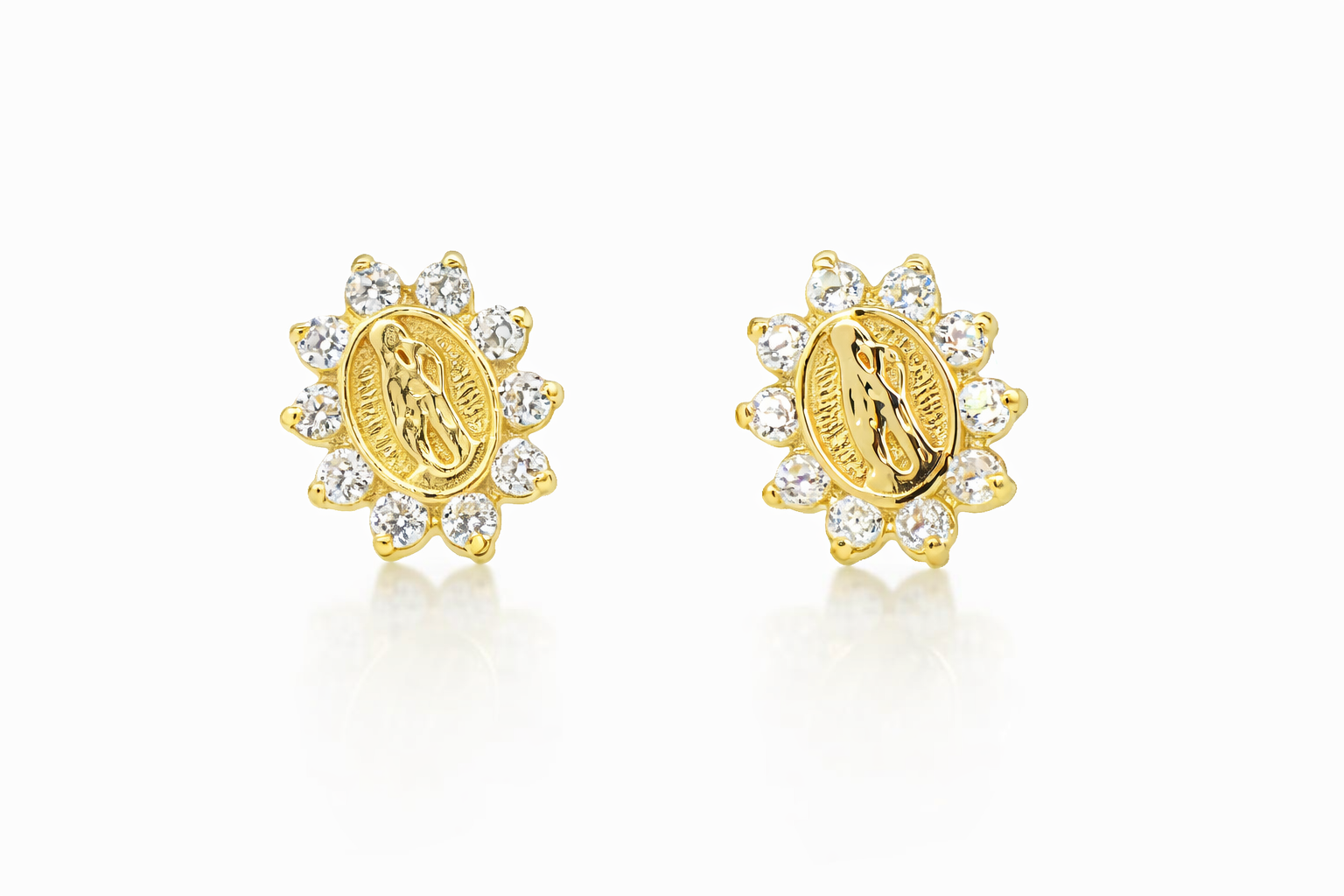 Solid 14K Yellow Gold Guadalupe Virgin Mary Screw Back CZ Stud Earrings S137XS