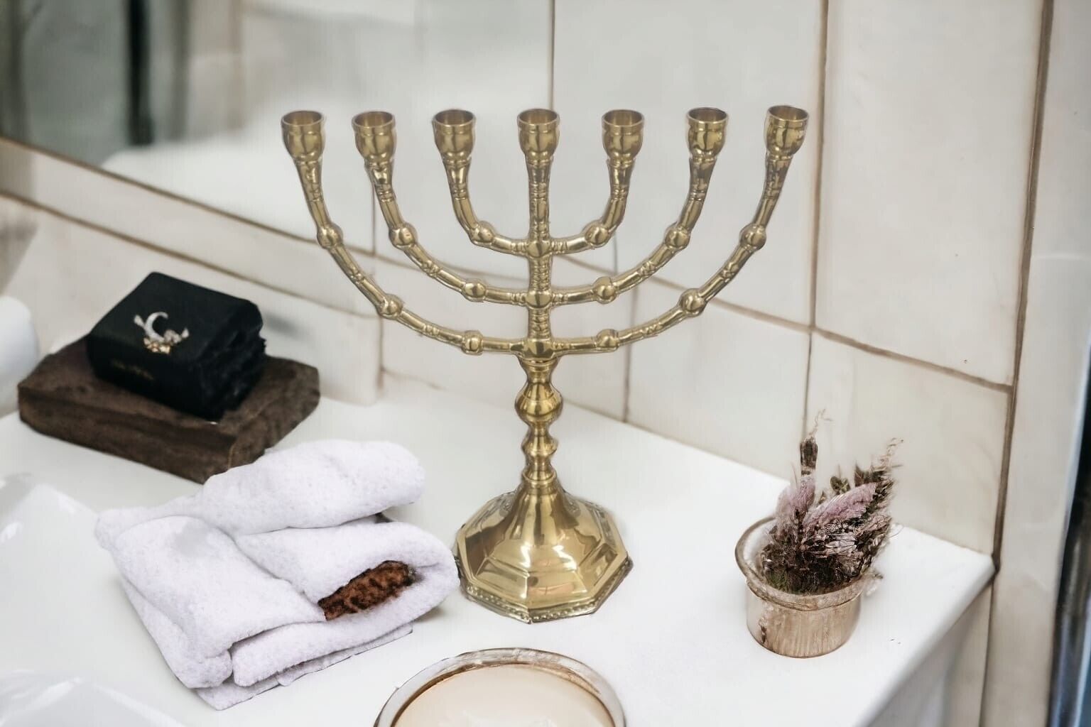 Hanukkah Menorah Jewish Candle Holder 7 Branches Traditional 6.7
