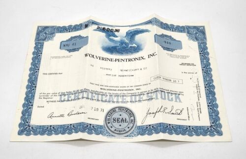 Wolverine Pentronix Inc Stock Certificate 1971