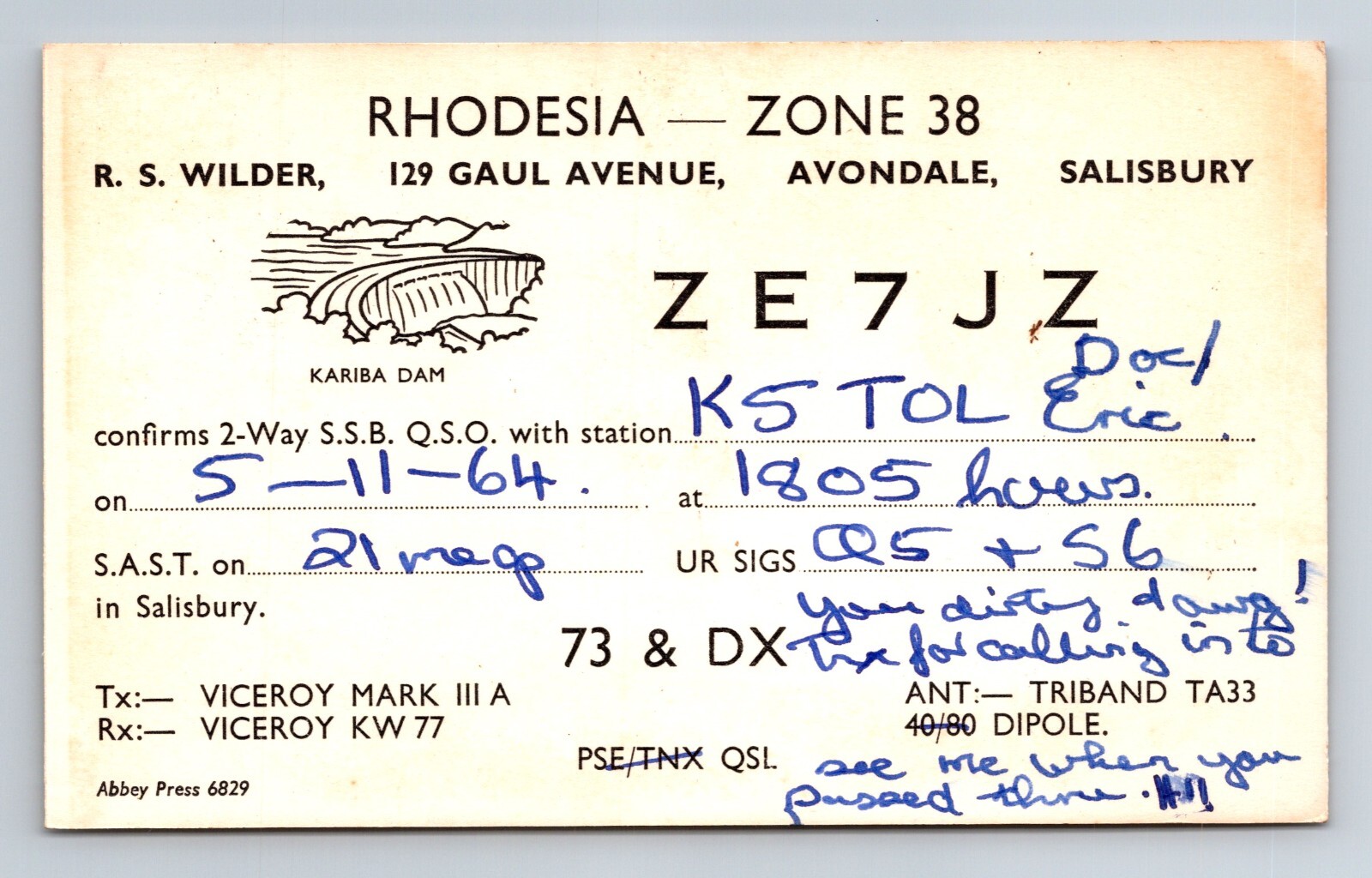 Vintage Ham Radio Amateur QSL QSO Postcard ZE7JZ Rhodesia SA