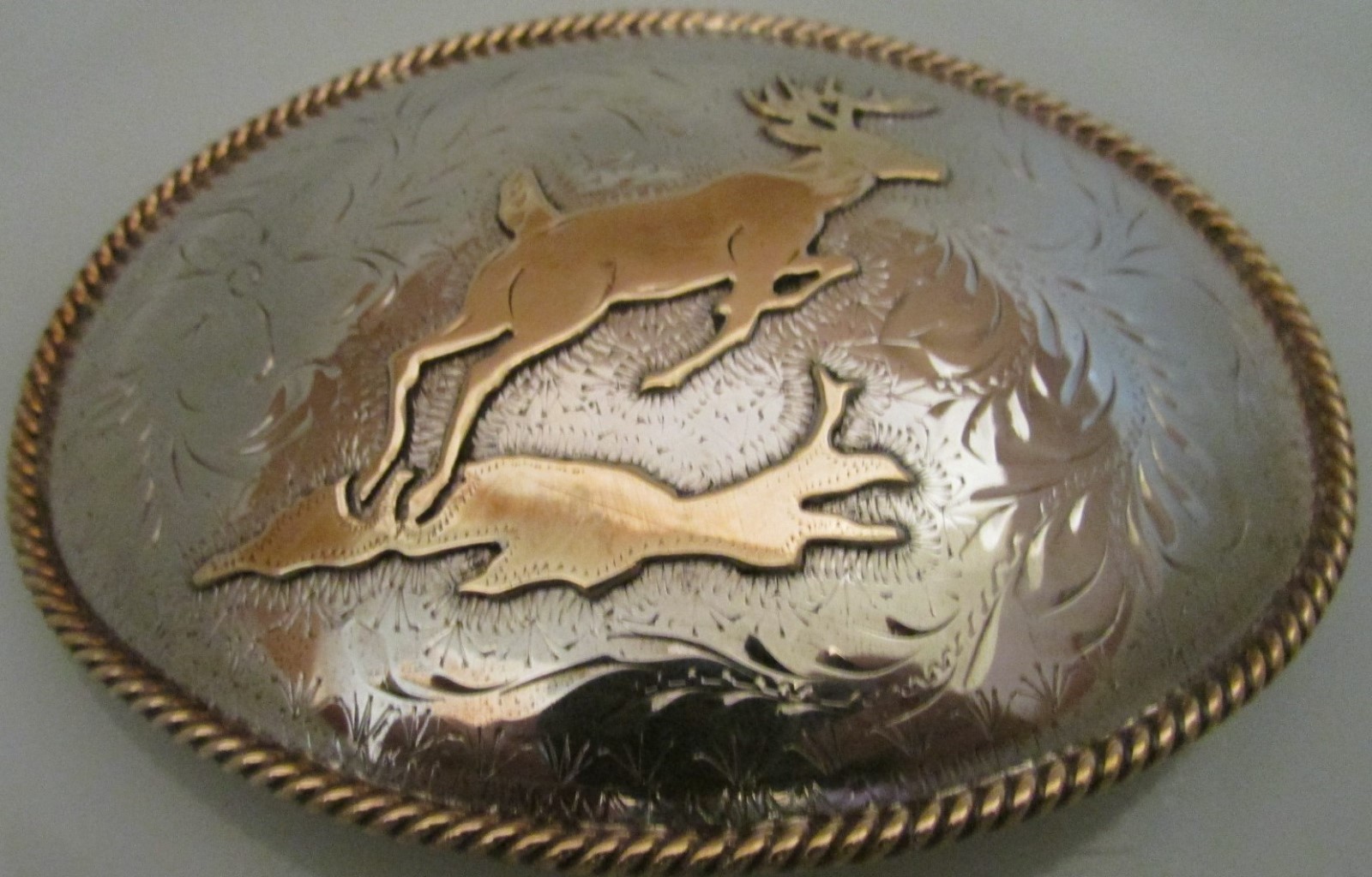 Large Oval Silver & Gold Leaping Deer Stag Belt Buckle