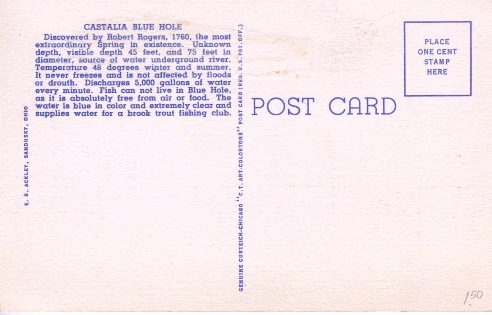 Castalia Ohio OH Castalia Blue Hole Spring Entrance Vintage Linen Postcard D26