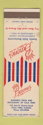 Matchbook Cover - Barone's Restaurant Villa Park IL Pizza WEAR