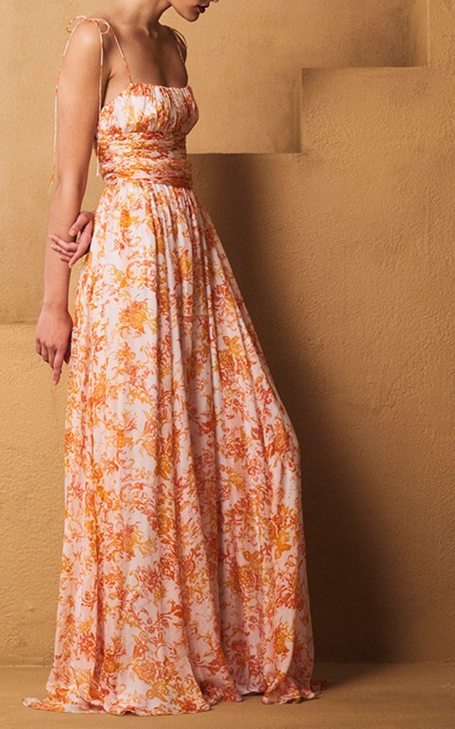 Pre-owned Caroline Constas $995  Long Maxi Silk Dress Gown Orange White Toile Large L In White Orange