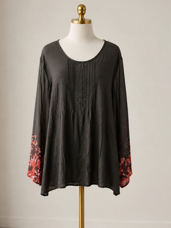Plus Size 26 | 4x BLOOMCHIC Floral Contrast Mesh Sleeve Pintuck Tunic Blouse Top