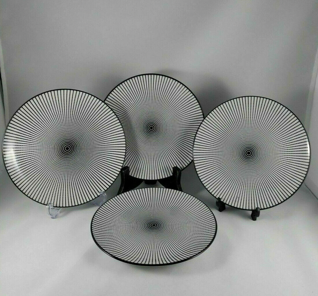  NEW ROYAL NORFOLK BLACK WHITE  SET OF 4 DINNER PLATES 10 1/2"  ROUND
