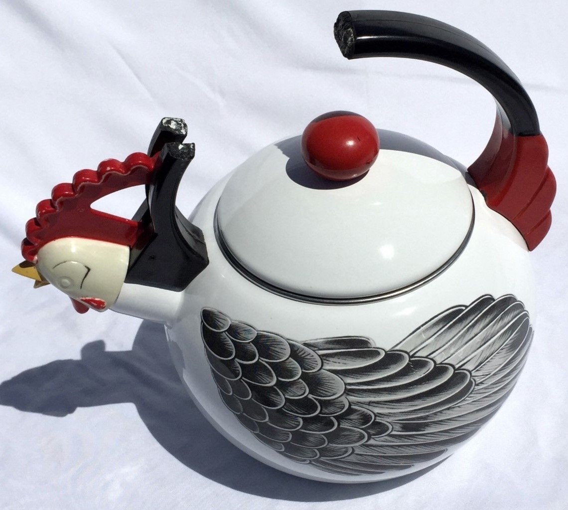 M Kamenstein Whistling Rooster Tea Pot Vintage 1986 Enamel Kettle Farm House