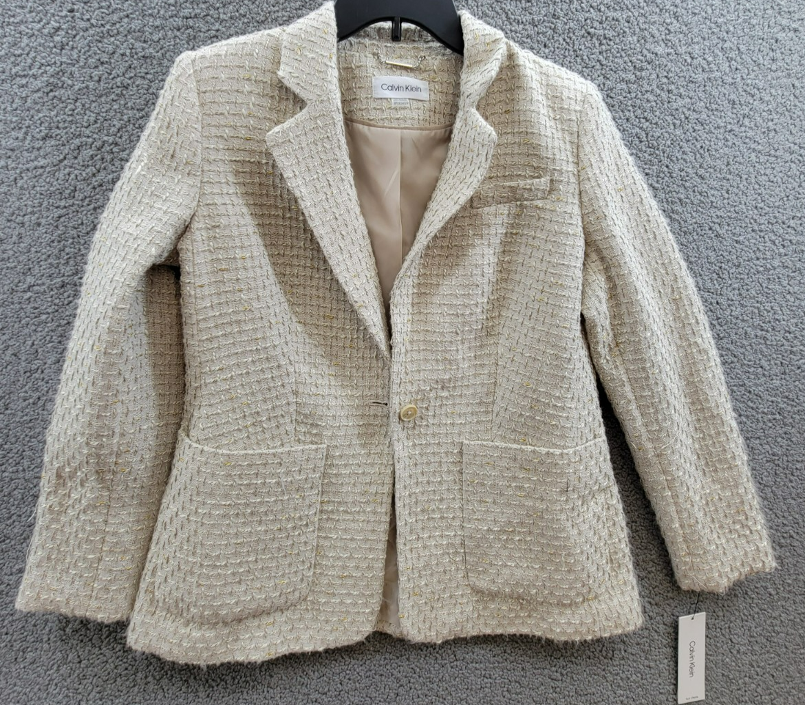 Calvin Klein Petite Patch-Pocket Tonal Tweed Blazer Women's 12P Nomad Multi L/S - Picture 2 of 16