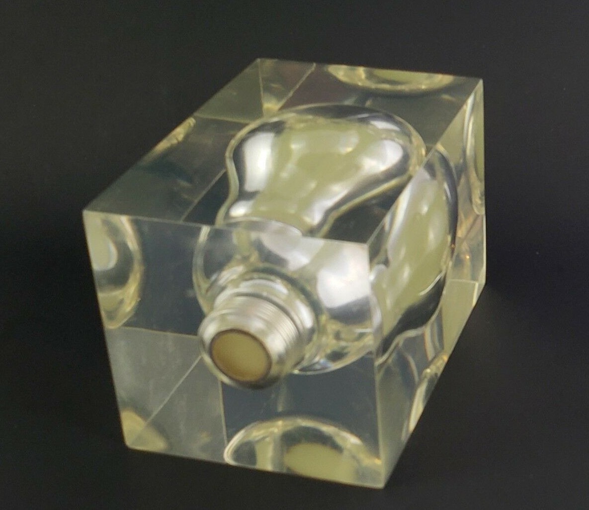 Pierre Giraudon Lucite Light Bulb Cube Clear Resin French Pop Art Paperweight