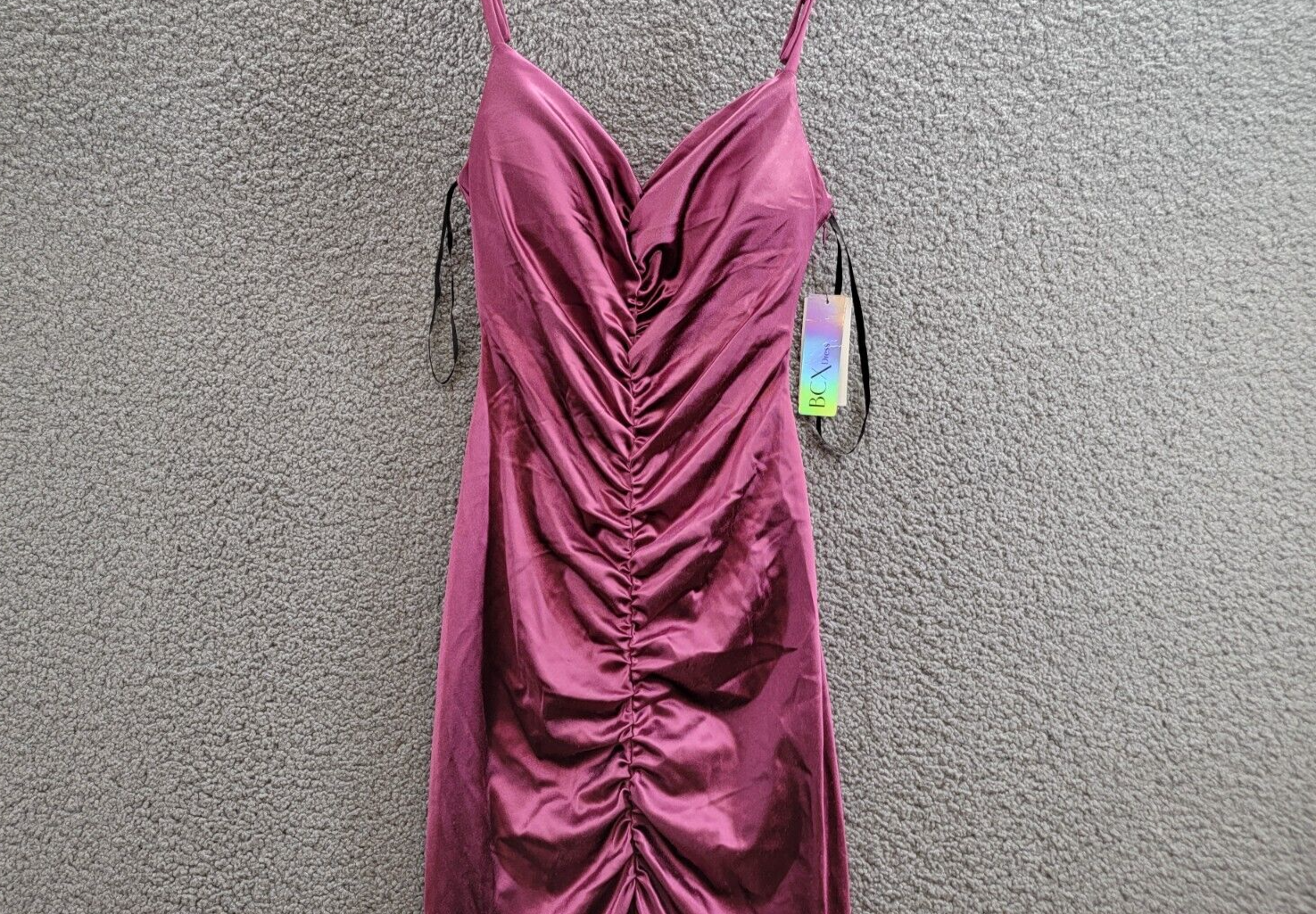 BCX Ruched Mermaid Dress Juniors' 1 Plum Front Slit V-Neck Back Zip Closure - Picture 3 of 15