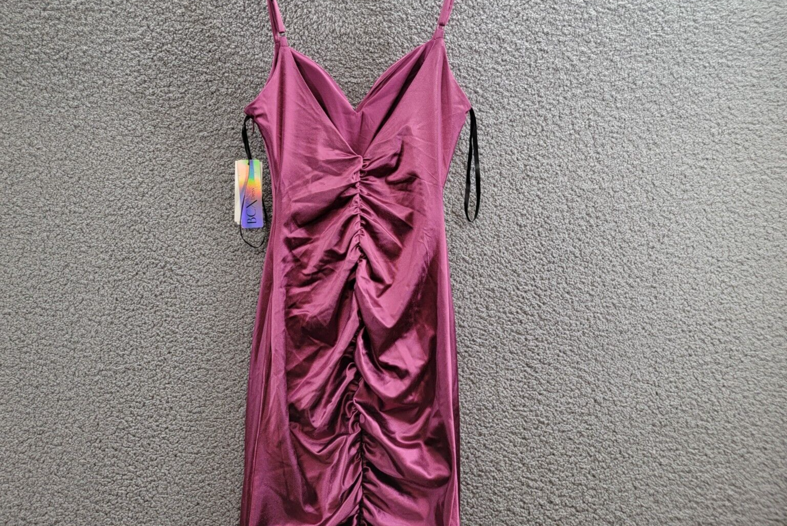 BCX Ruched Mermaid Dress Juniors' 1 Plum Front Slit V-Neck Back Zip Closure - Picture 10 of 15
