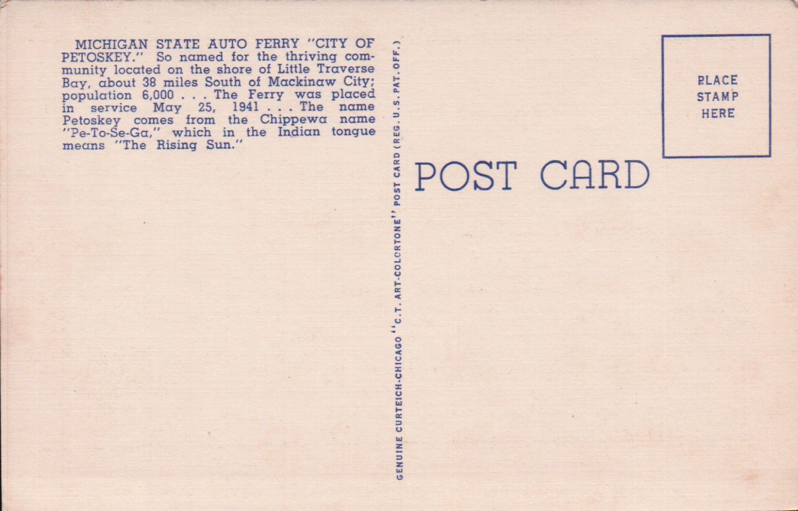 Unused Linen CITY OF PETOSKEY Michigan State Ferry Vintage Postcard