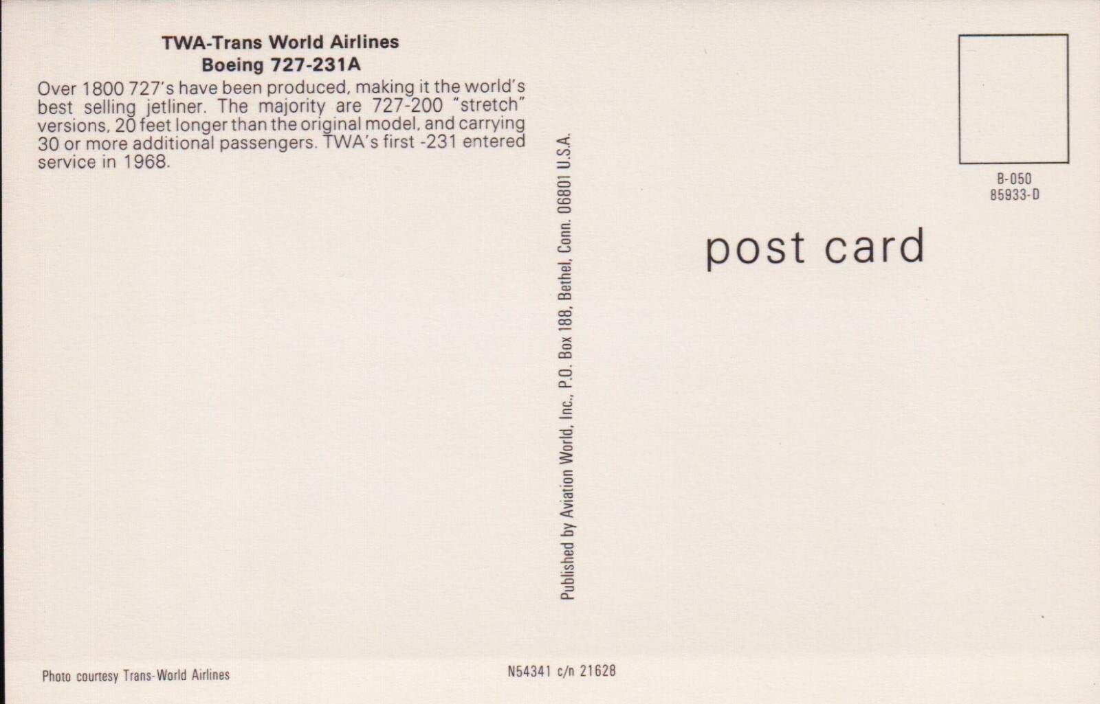 TWA Trans World Airlines Boeing 727-231A Vintage Postcard